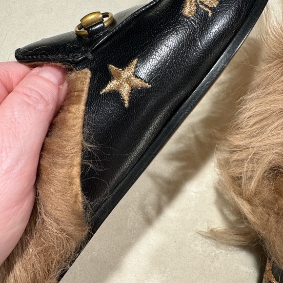 GUCCI Princetown Mule Fur Slippers With Embroidered Bees and Stars Black Leather - Picture 6 of 14